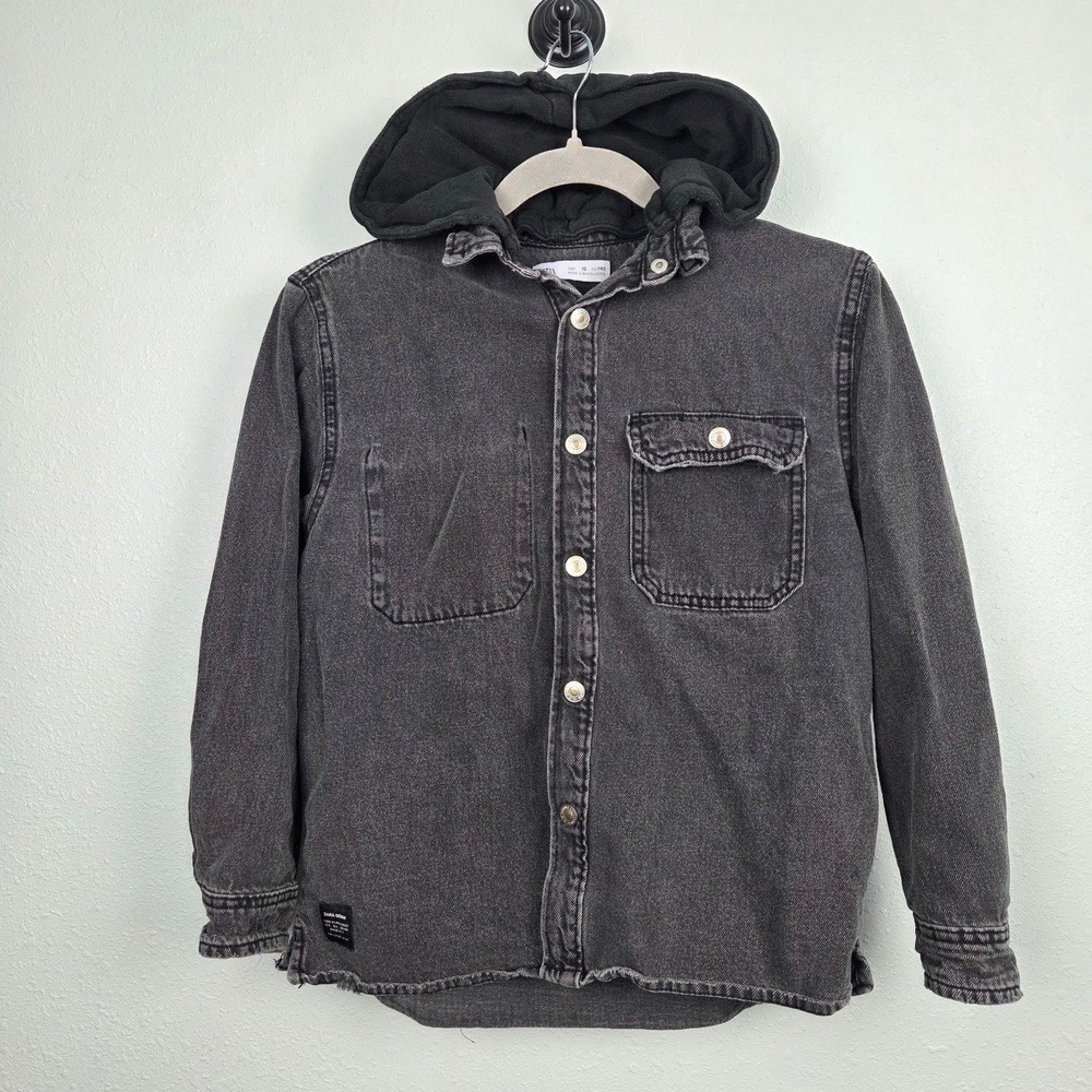 Denim Jacket Zara Boys 10 Black Hooded Button Down Shirt Jacket